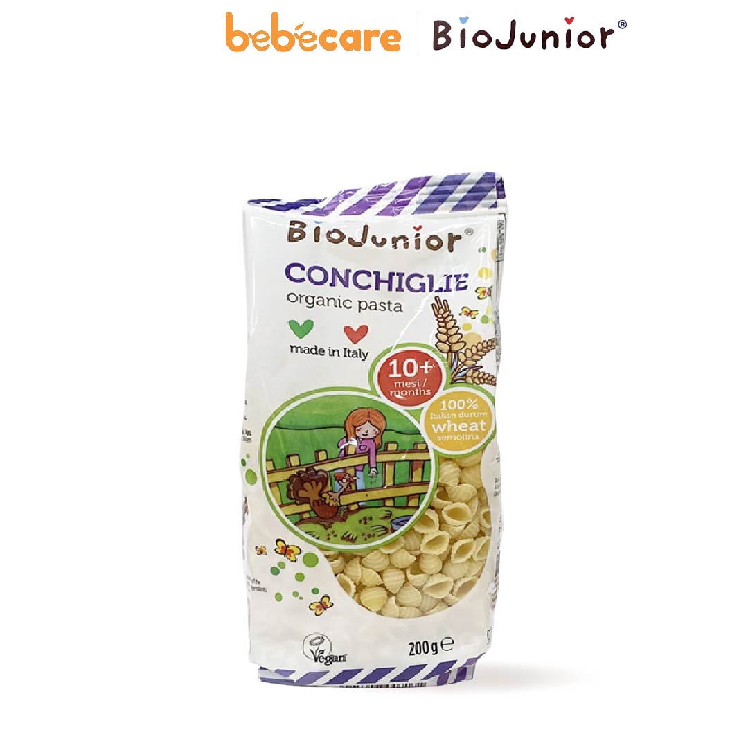 BioJunior-Mì nui ăn dặm hữu cơ cho bé hình vỏ sò Bio Junior 200g (Bé từ 10 tháng tuổi)